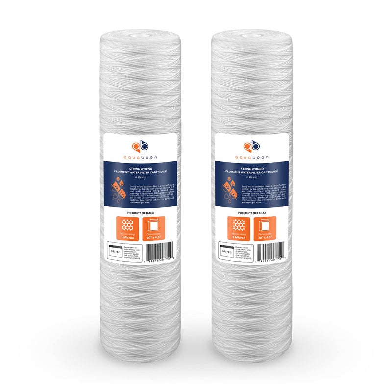 Aquaboon 1 Micron Whole House 20" x 4.5" String Wound Water Filter Replacement Cartridge for Well Water Compatible with SWC-25-2005, P5-20, 2-Pack - Image 1